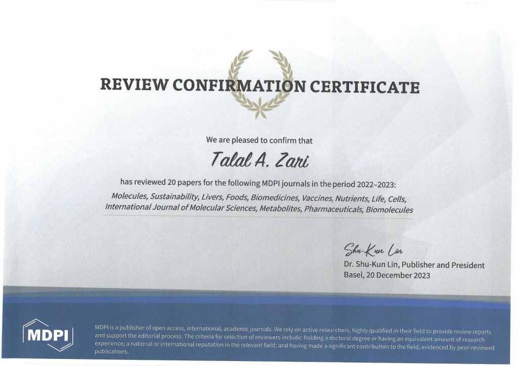 شهادة تحكيم للبروفيسور طلال زارع 20/12/2023 Review Certificate for Prof Talal Zari