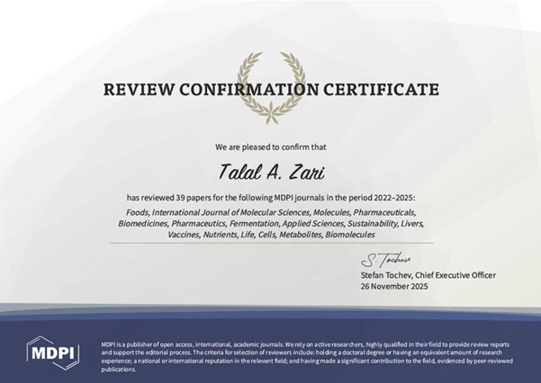 شهادة تحكيم للبروفيسور طلال زارع 26/11/2025 Review Certificate for Prof Talal Zari