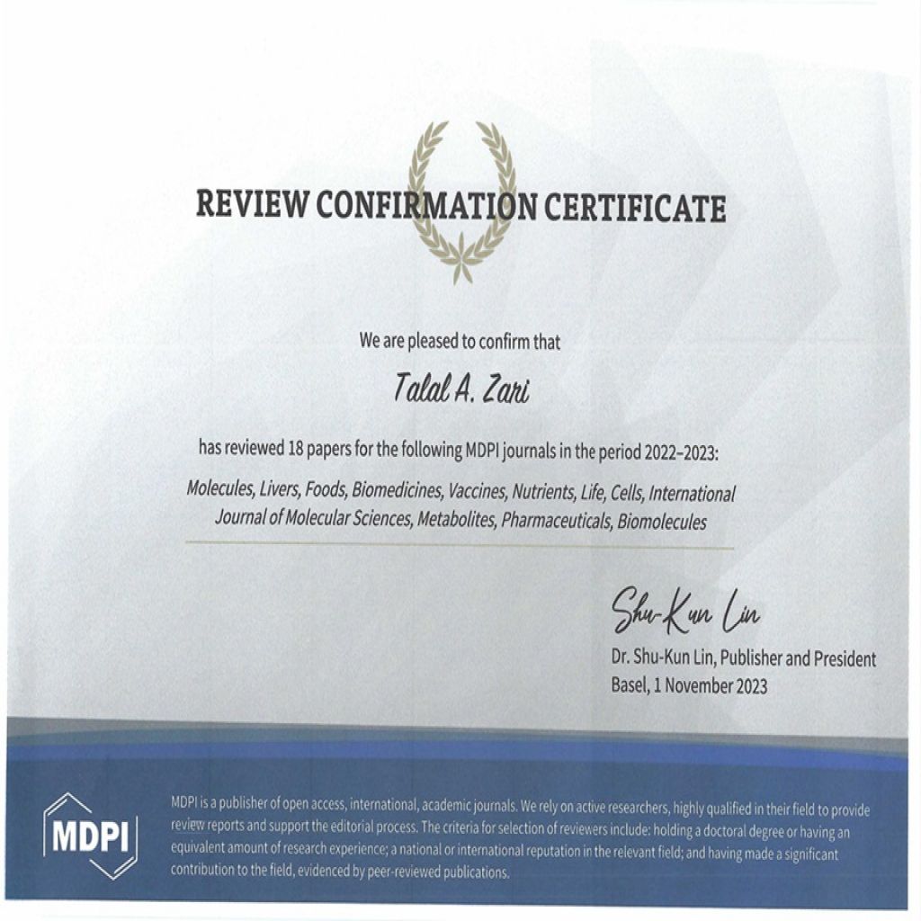 شهادة تحكيم للبروفيسور طلال زارع 1/11/2023 Review Certificate for Prof Talal Zari