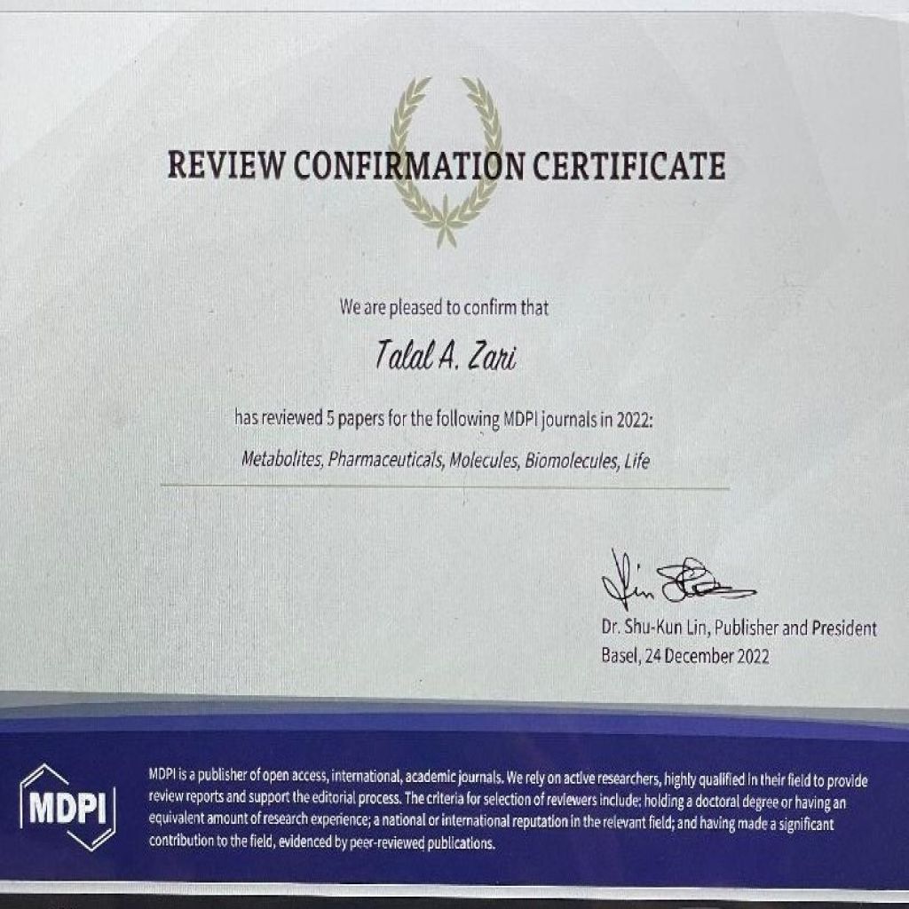 شهادة مراجعة أبحاث لطلال زارع Review Certificate for Talal Zari