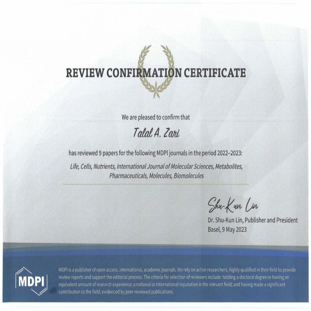شهادة تحكيم للبروفيسور طلال زارع Review Certificate for Prof Talal Zari